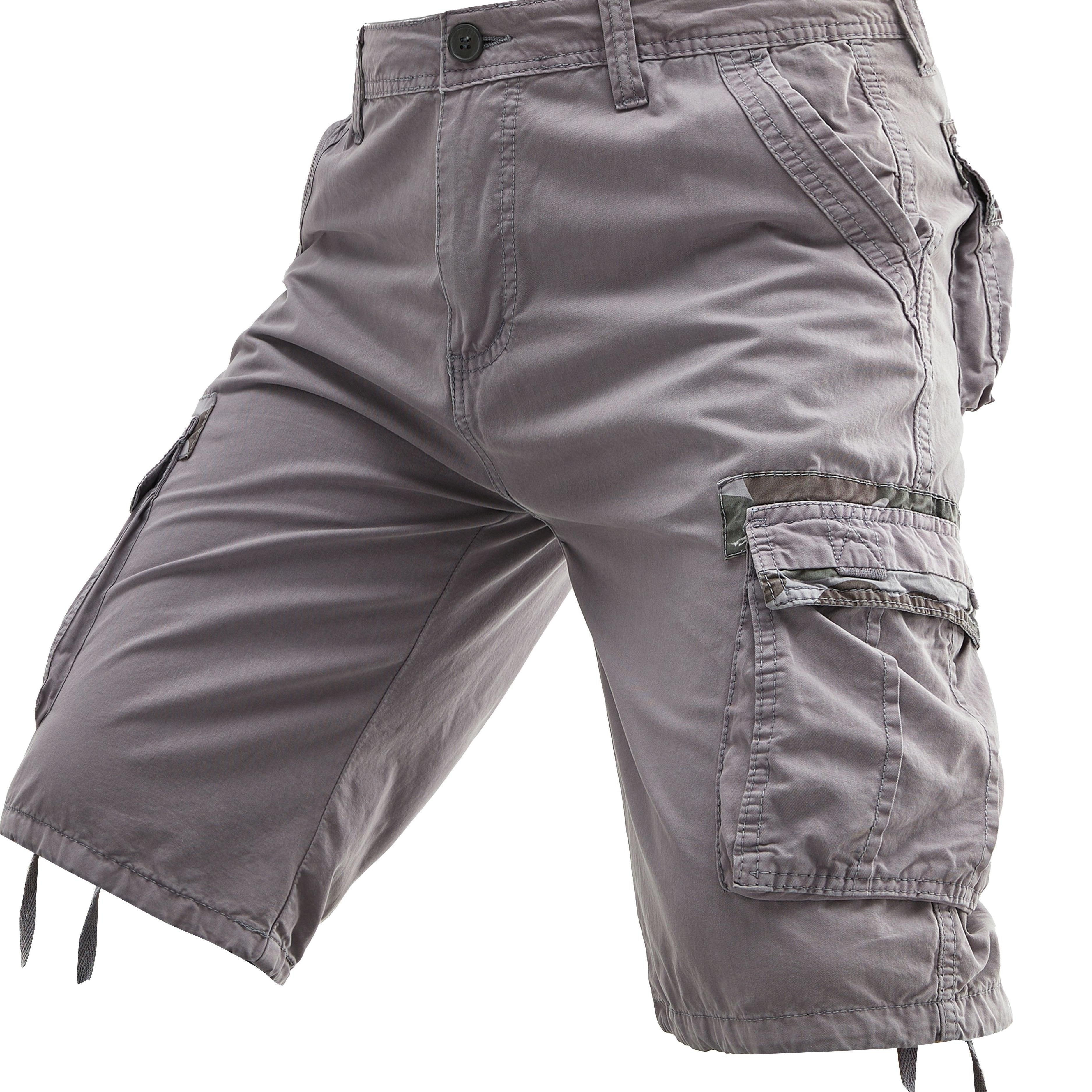 Erkaklar uchun katta o'lchamdagi paxta kargo shortlari, bir rangli ko'cha uslubida, bir nechta cho'ntaklar bilan va oddiy moslashuvda. Cho'zilmaydigan to'qilgan mato.