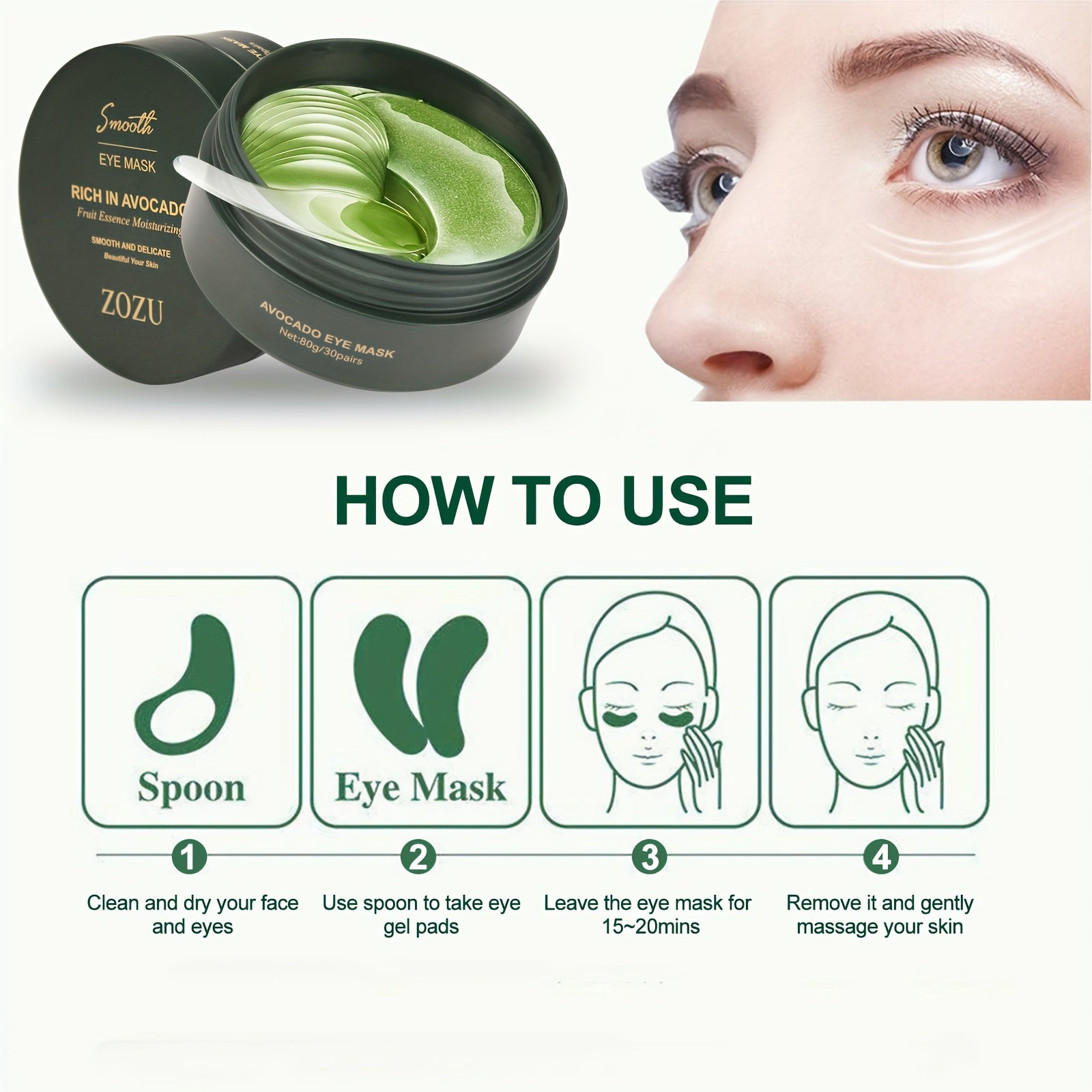 Máscara de ojos hidratante de aguacate para mujeres, gel de cristal nutritivo para la piel