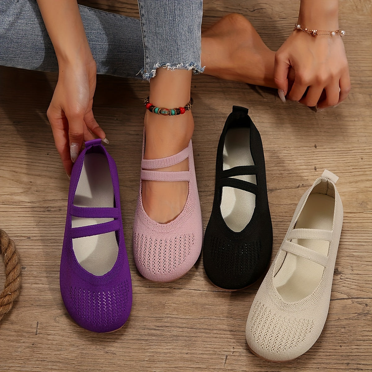 Women's Knitted Flats Ankle Band Breathable Slip-On Shoes