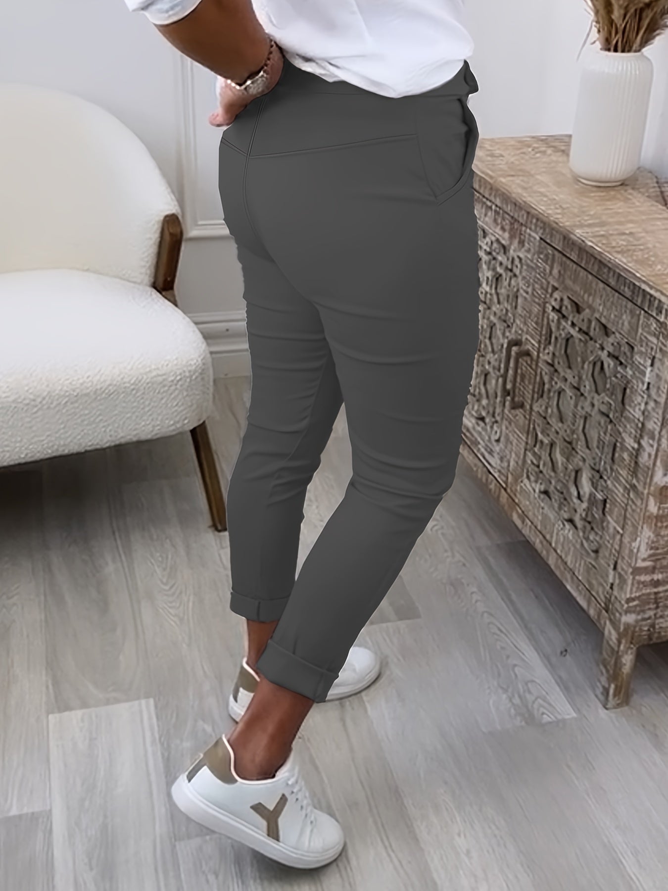 Pantalones jogger para mujer de color sólido, de poliéster elástico, con cordón en la cintura, para todas las estaciones