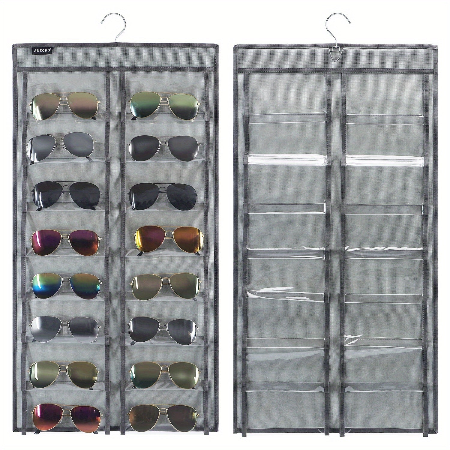 Dual Sided Hanging Sunglasses Organizer with 32 Dustproof Pockets for Home Storage