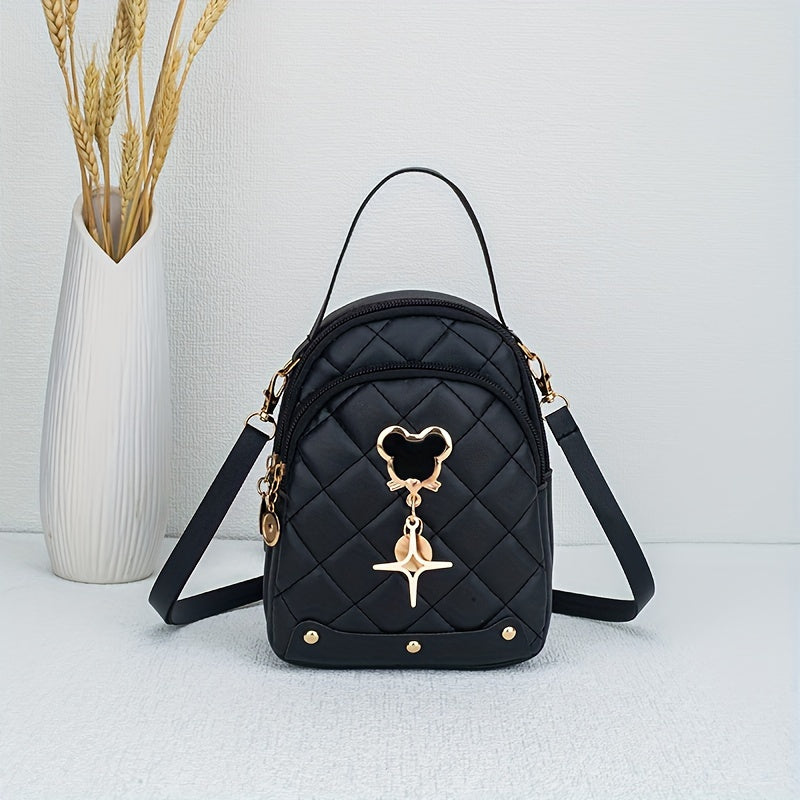 Women's Plaid Faux Leather Mini Backpack with Mouse Ear Design and Dual Zipper Closure