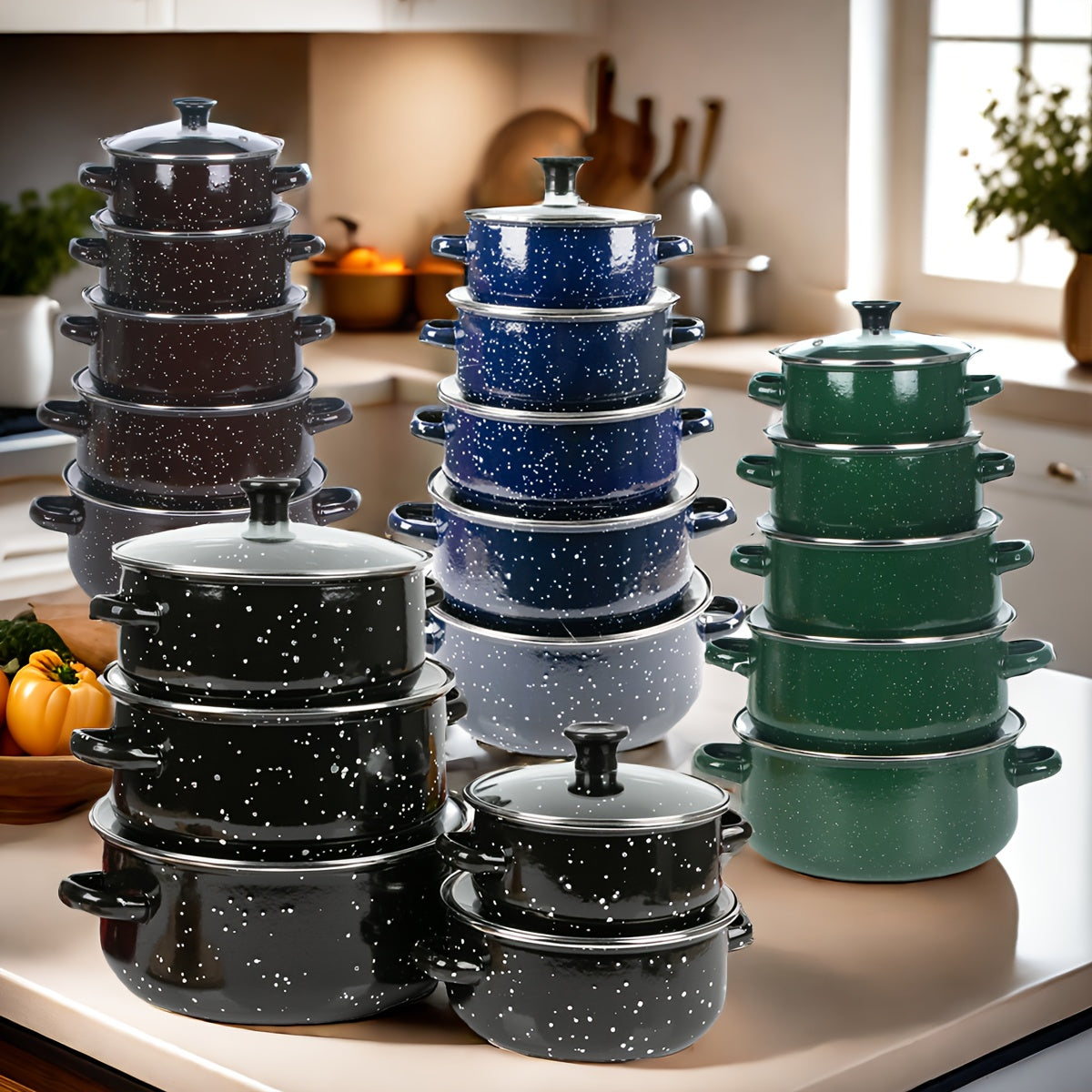 Yengil emalli qozonlar to'plami, 3 ta qism, yopishqoq bo'lmagan oshxona idishlari, sho'rva, qaynash, qovurish uchun