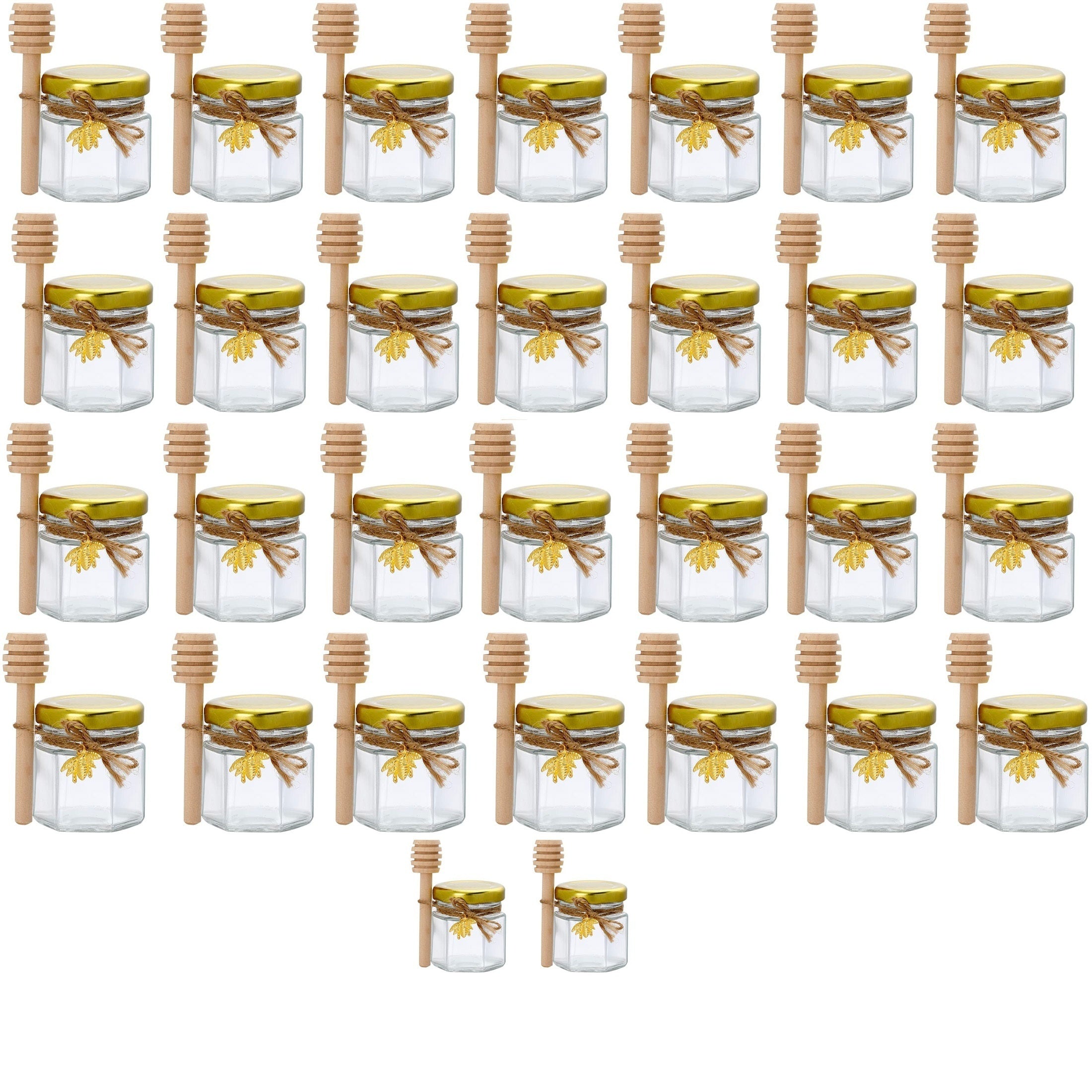 Hexagonal Glass Jar with Gold Lid and Wooden Bucket for Food Storage and Events