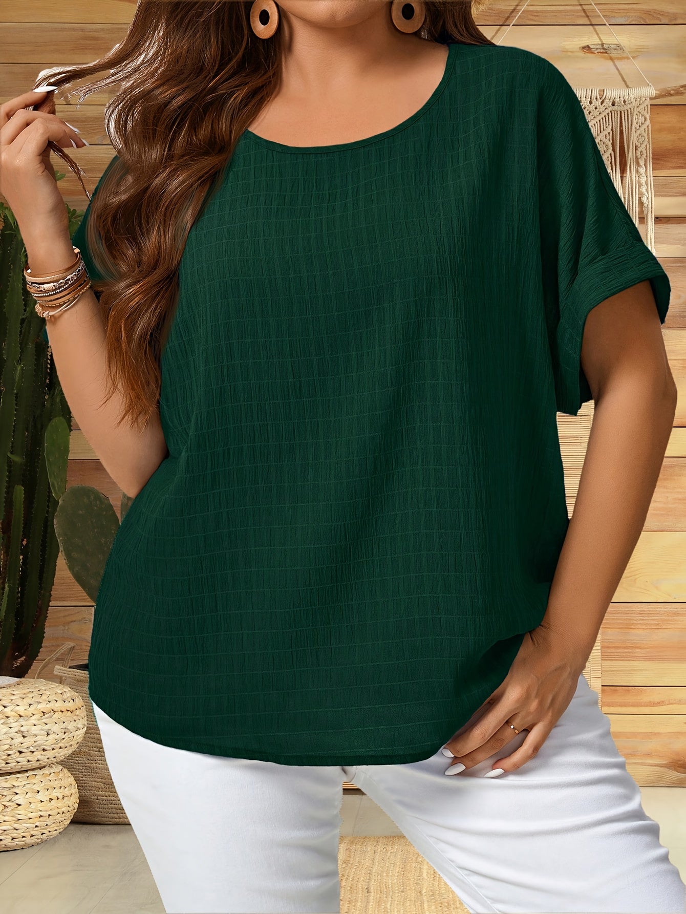 Plus Size Womens Solid Crew Neck Short Sleeve Top White Casual Summer