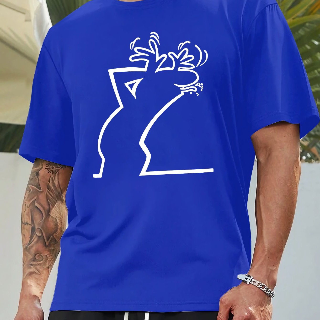 Мужской летний повседневный топ с геометрическим принтом и круглым вырезом из полиэстера, увеличенный размер