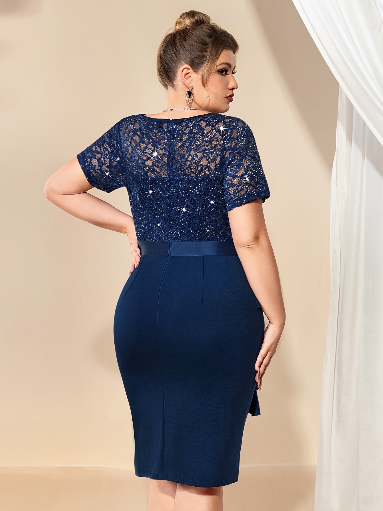 Plus Size Women's Sequin Lace Ruffle V-Neck Bodycon Dress Cocktail Party