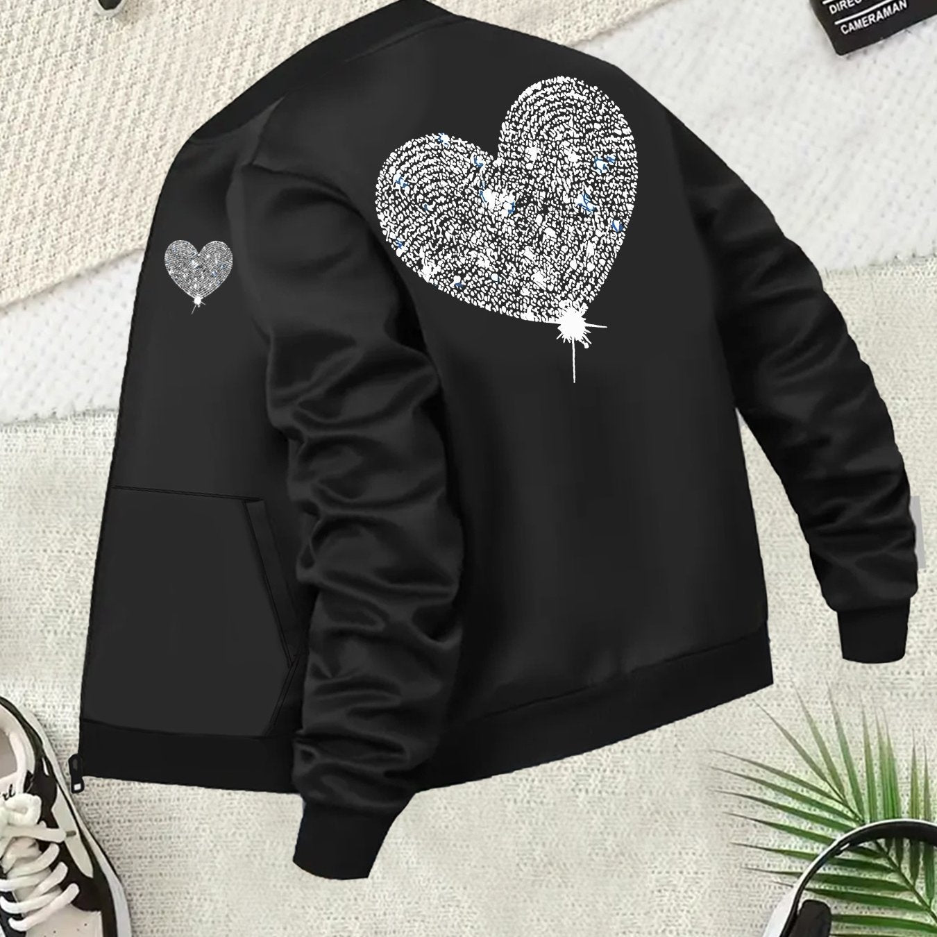 Plus Size Women's Casual Jacket with Rhinestone Heart Design Long Sleeve Zip-Up Outerwear