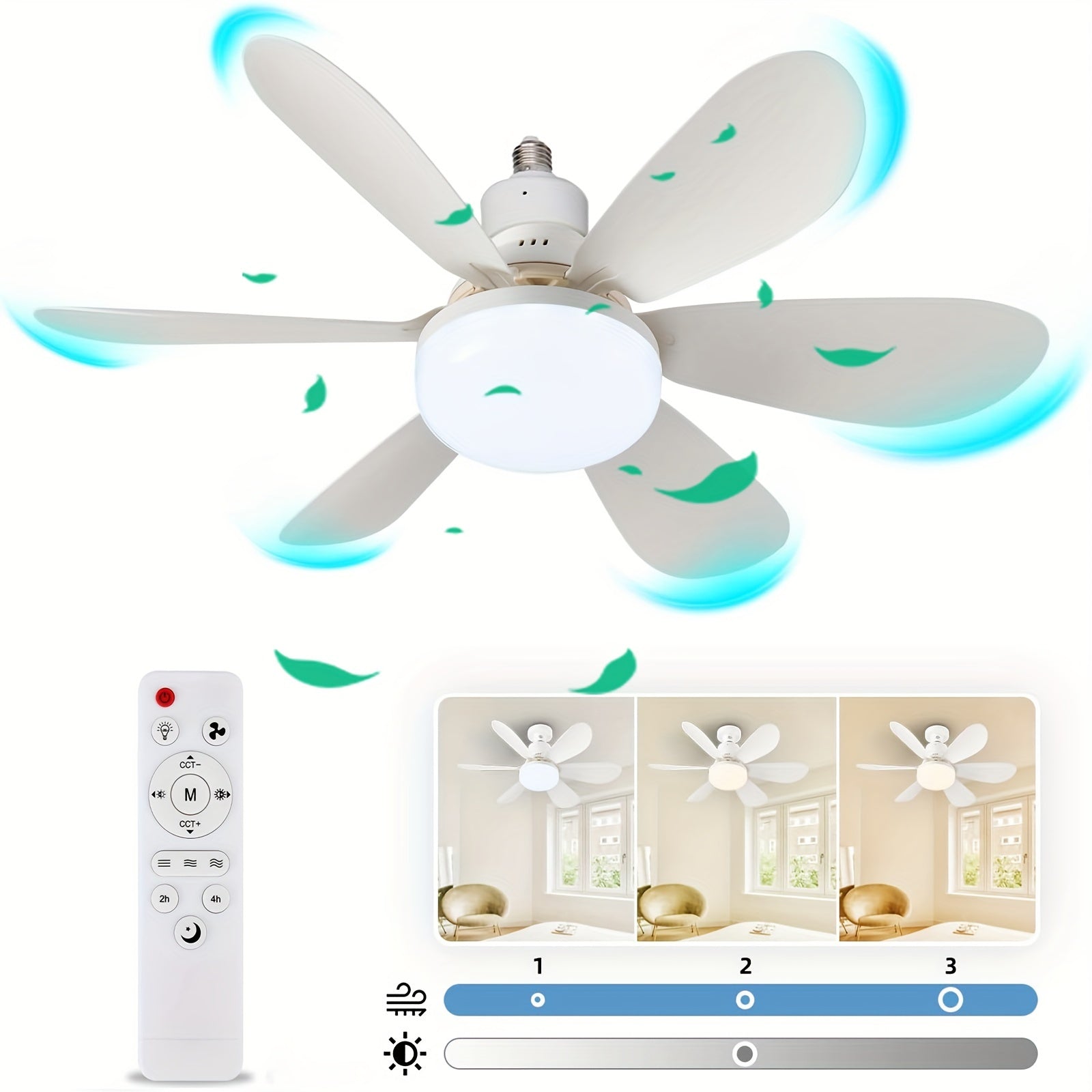 Socket Type Ceiling Fan Light Kit with Remote Control Dimmable for Bathroom Bedroom Kitchen