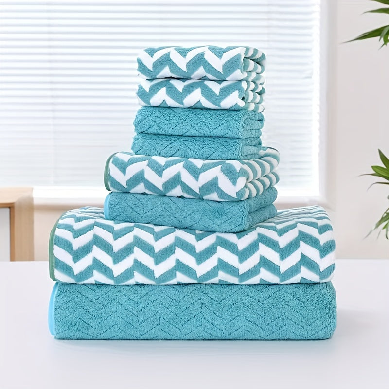 8-Piece Chevron Stripe Polyester Towel Set for Bathroom Spa Hotel Quick-Drying Absorbent