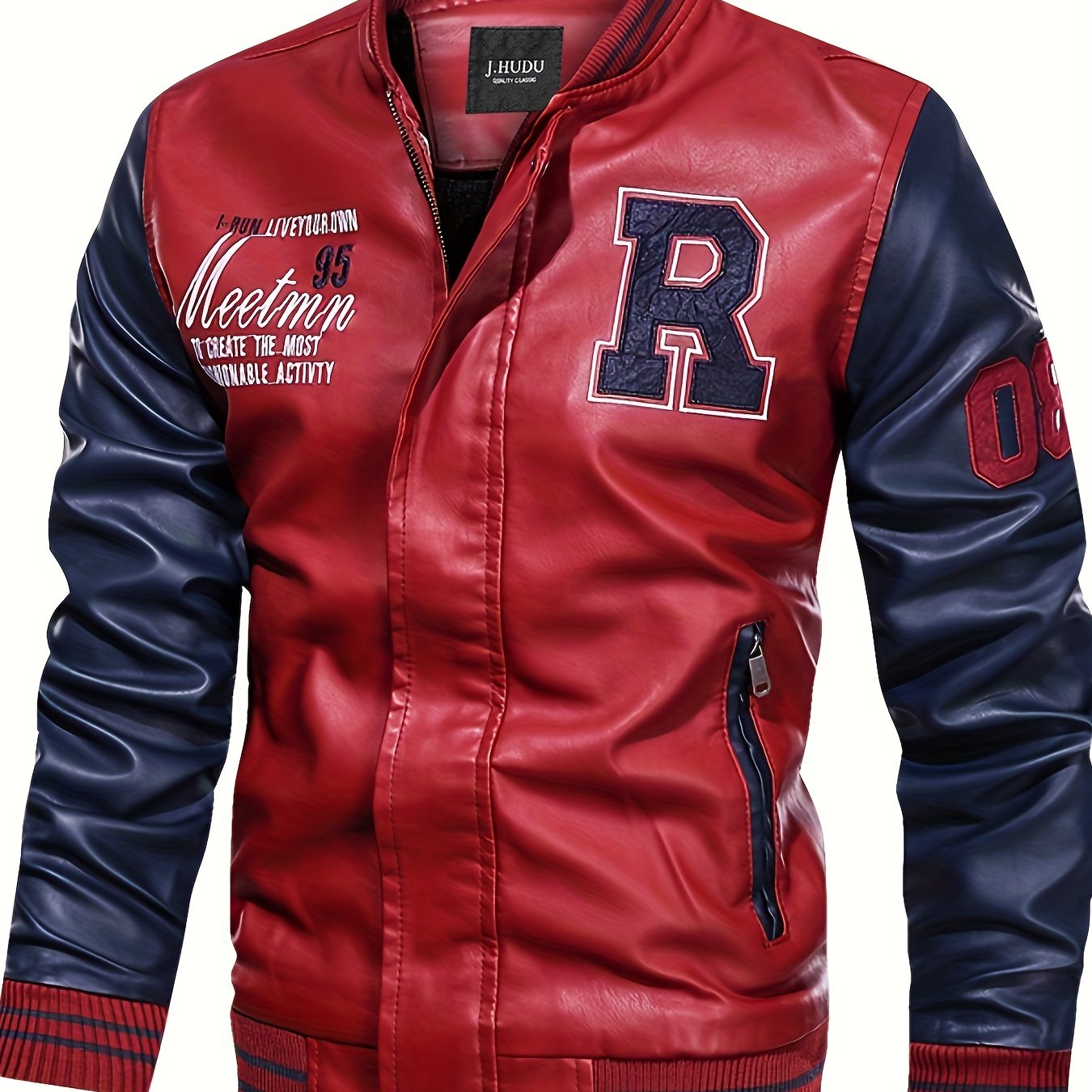 Plus Size Oversized PU Baseball Jacket for Men with Letter R Print Spring Autumn