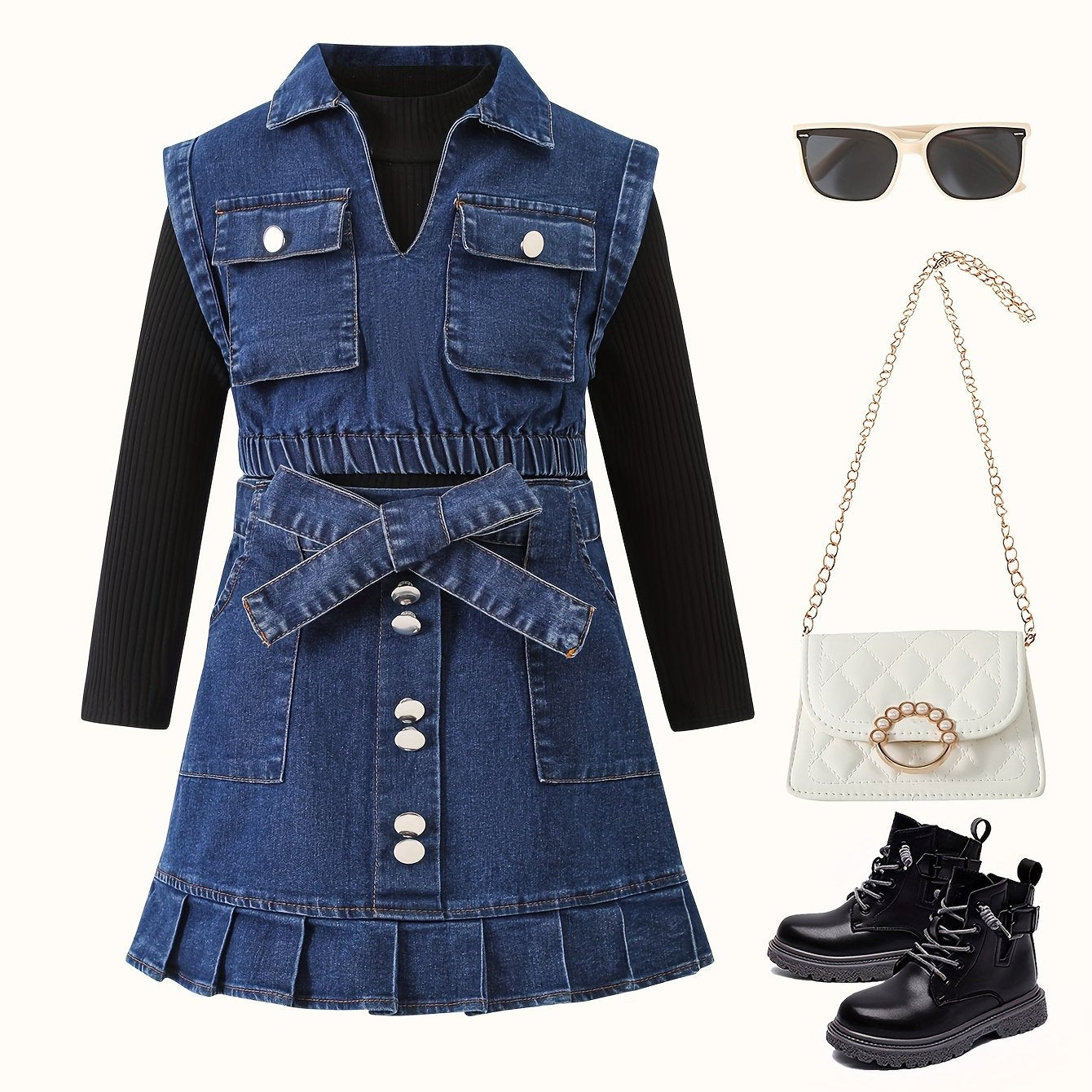 Girls' Casual Outfit Set with High Neck Long Sleeve Top Denim Vest and Pleated Knee-Length Skirt
