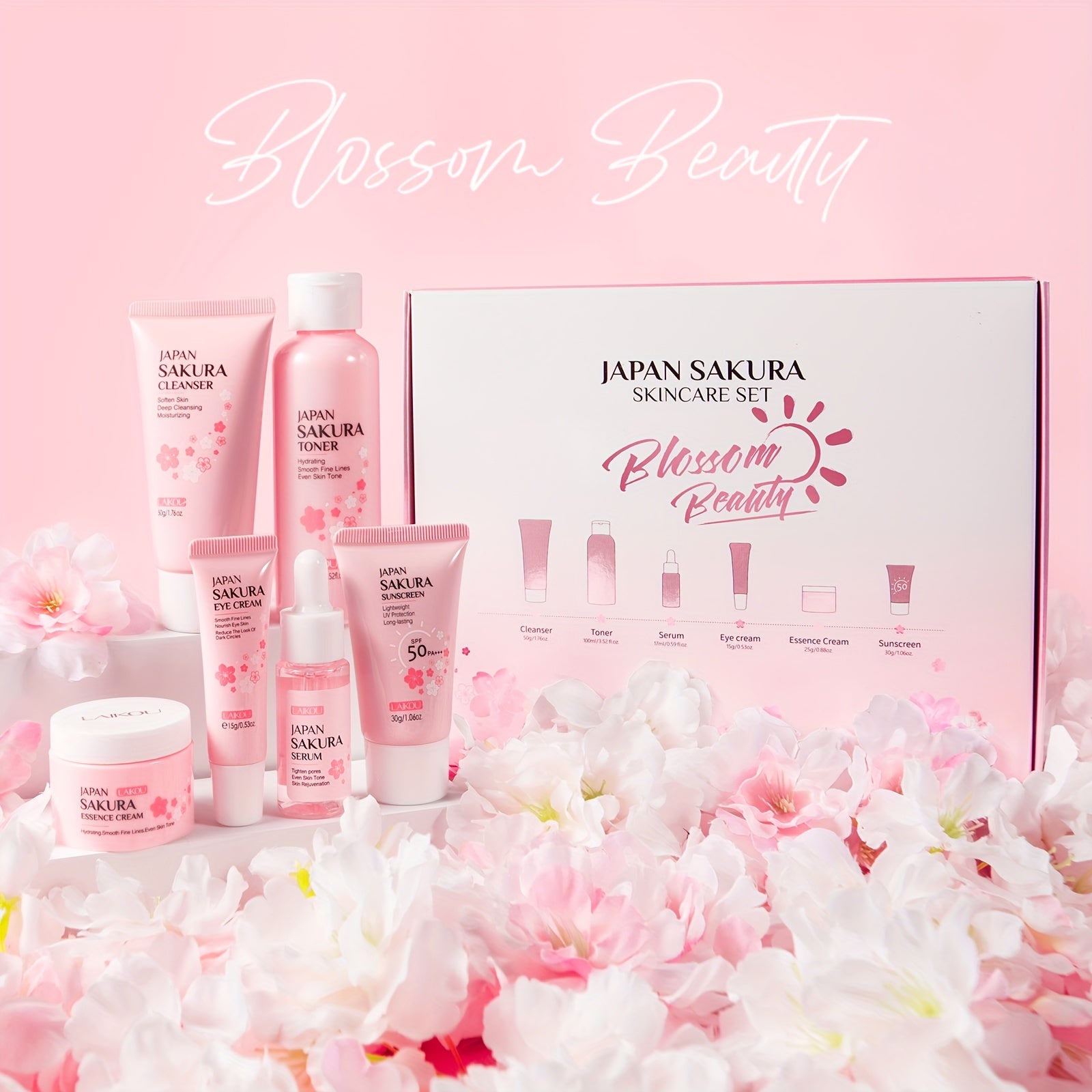 Set de cuidado de la piel Sakura para todo tipo de pieles, hidratante con ácido hialurónico, 6 piezas