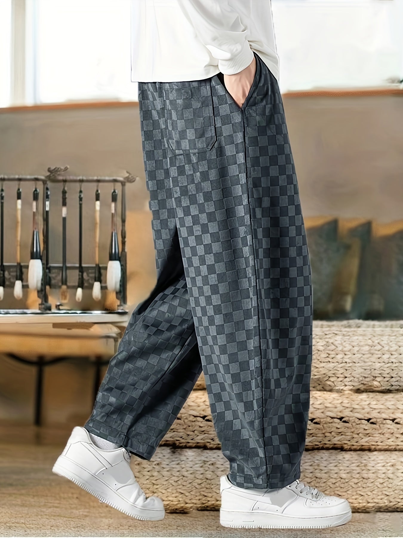 Men's Loose Fit High-Waisted Corduroy Pants Non-Stretch Solid Color 3/4 Length Spring Autumn Streetwear