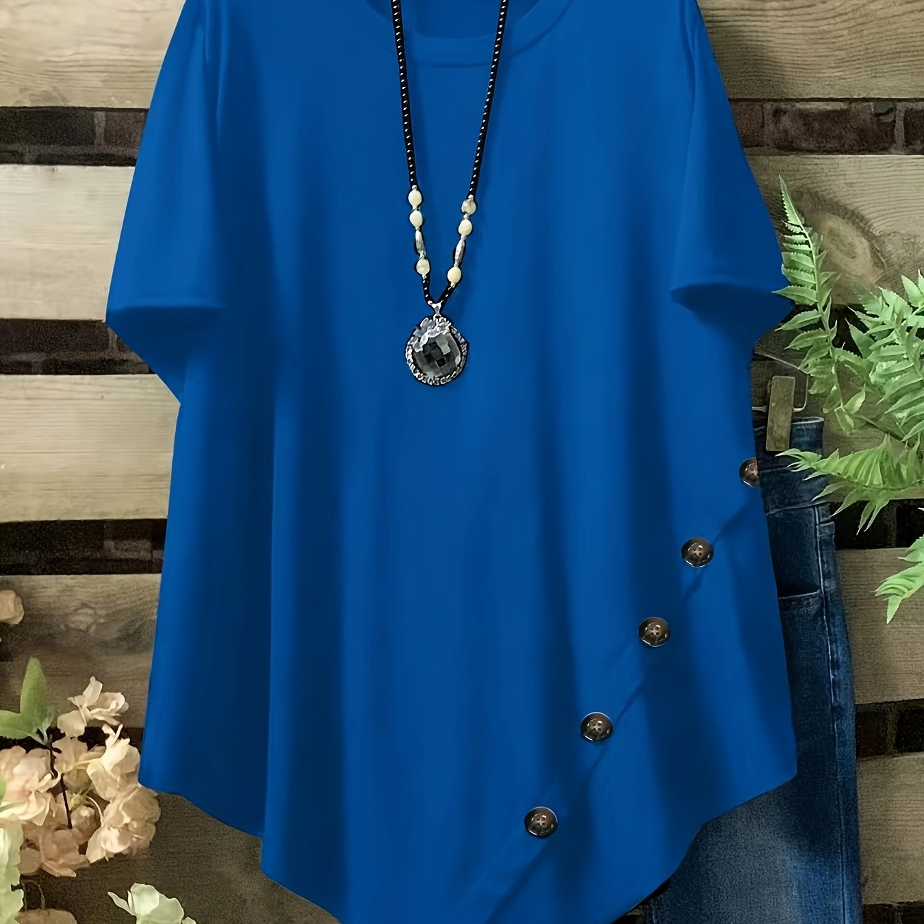 Plus o'lcham ayollar uchun erkin fit qisqa qollu futbolka yozgi kundalik yumshoq bo'yinli to'liq ko'k