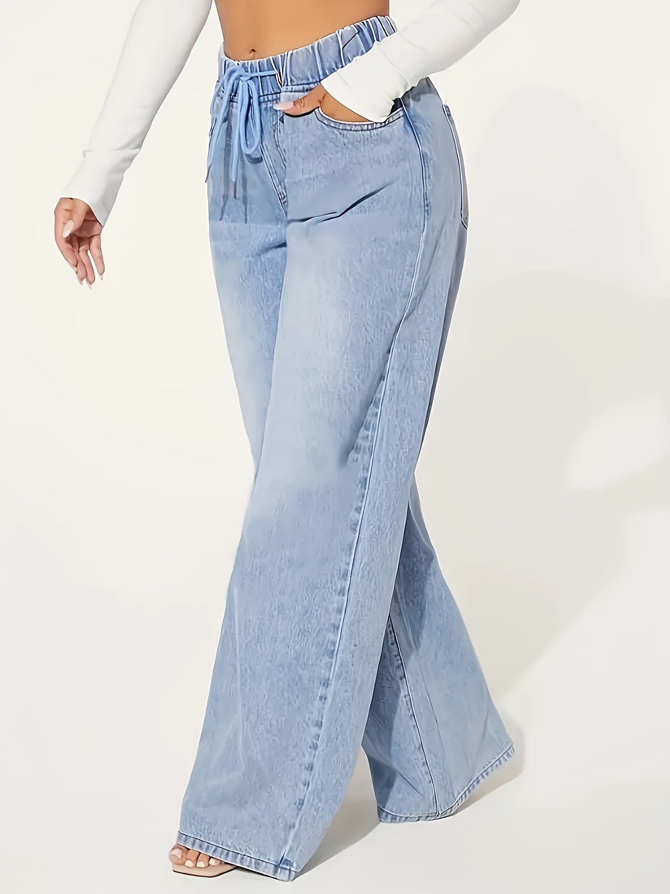Jeans de mezclilla de talla grande para mujer con pierna ancha, poliéster, sin elasticidad, para todas las estaciones