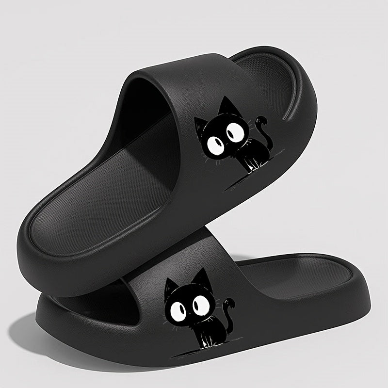 Women’s EVA Cat Slides, Comfortable Cartoon Black Cat Sandals