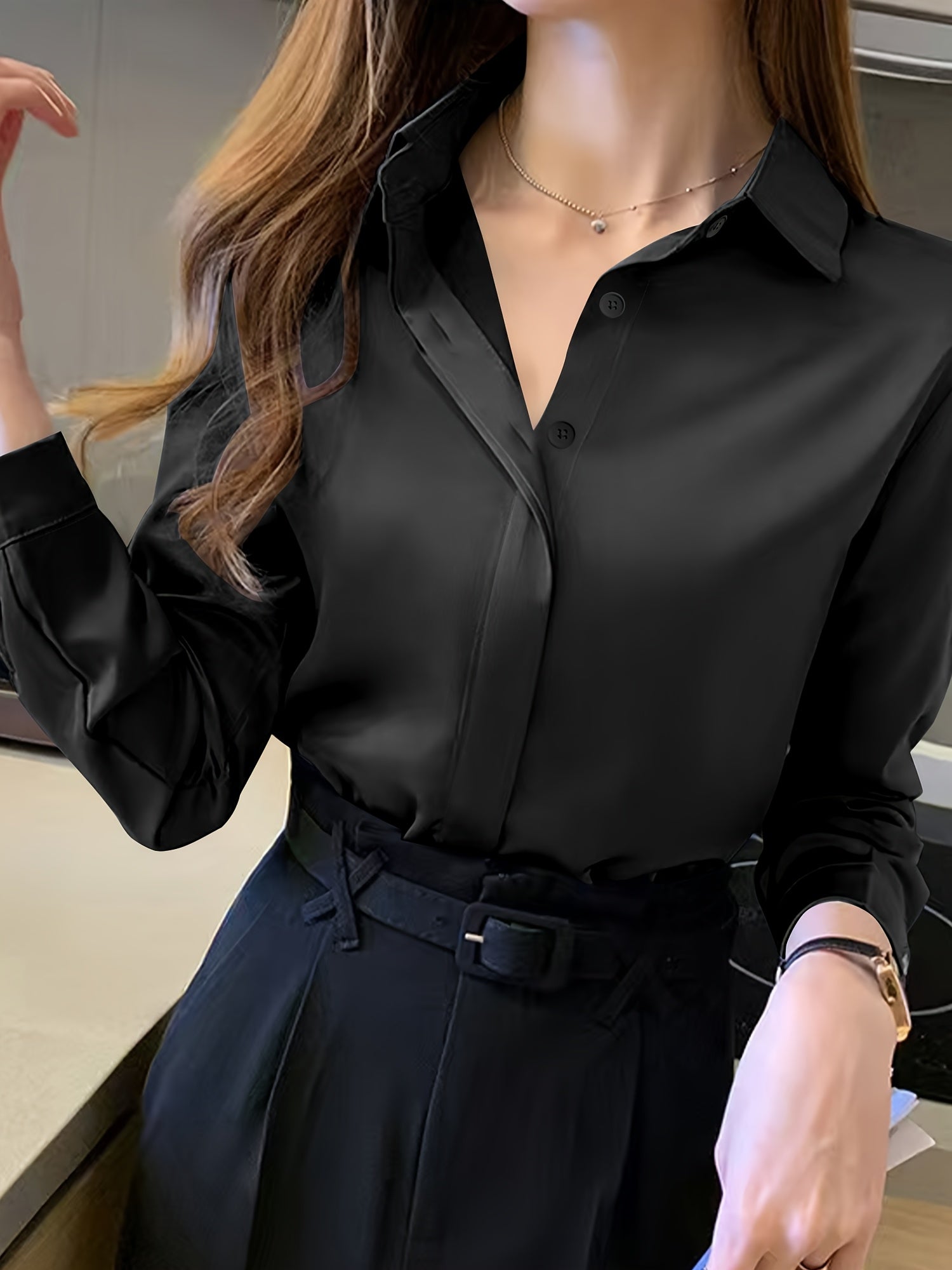 Women's Navy Blue Long Sleeve Blouse Polyester Semi-Sheer for Work Spring Fall