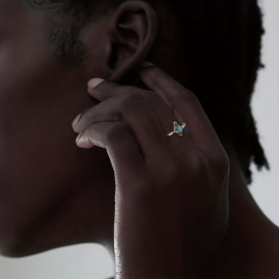 Silver Ring for Women with Green Moss Agate 6x9mm Water Grass Stone Gold-Plated Jewelry