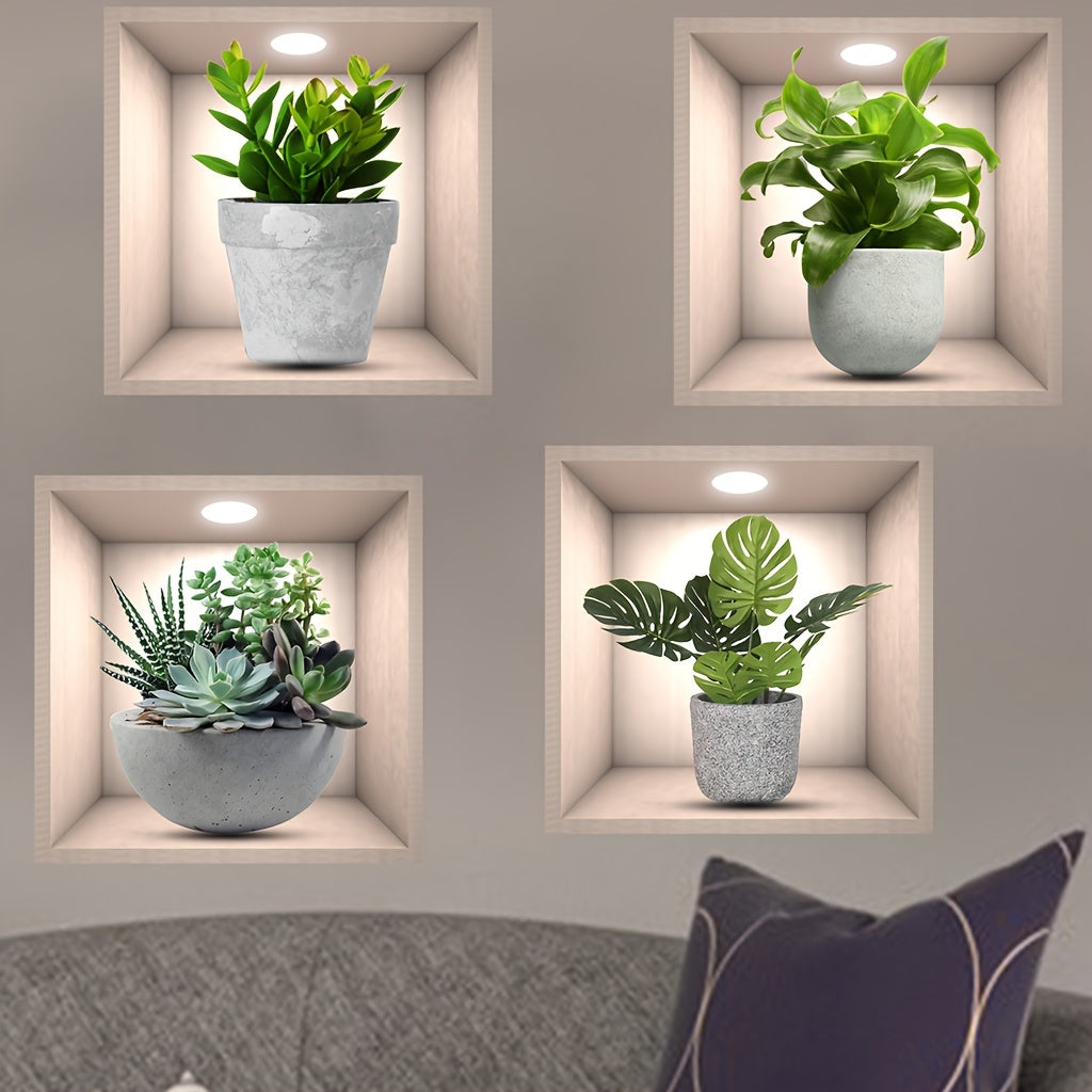 Set of 4 Green Potted Plant Wall Decals Waterproof Removable PVC Stickers for Home Office Room