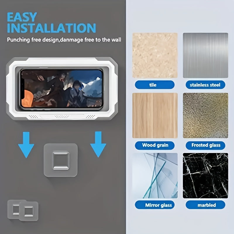 Waterproof Shower Phone Holder with 3 Clear Plastic Wall Hooks for Bathroom Kitchen