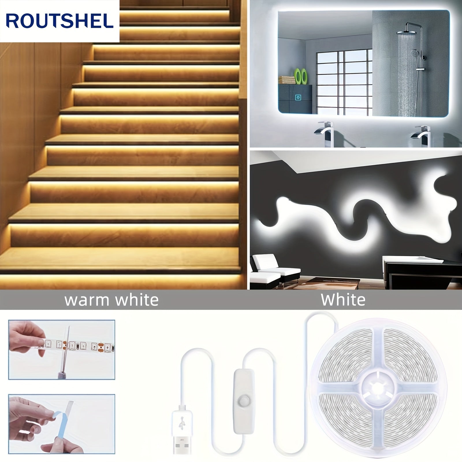 15.24m USB LED Strip Lights 5V White Warm White Flexible Cuttable for TV Bedroom Kitchen