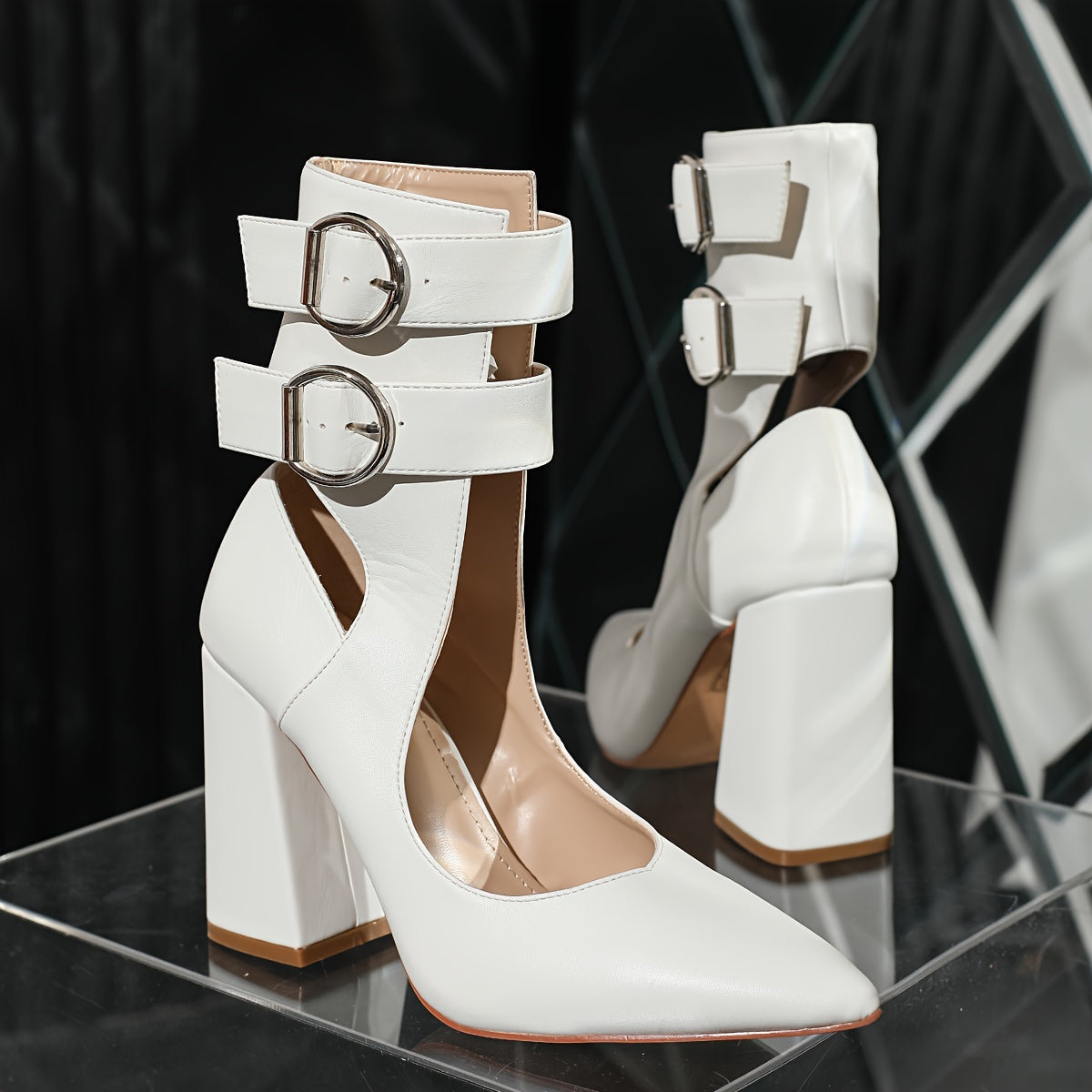 Women's White Block High Heels Pointed Toe Pumps with Double Buckle Straps