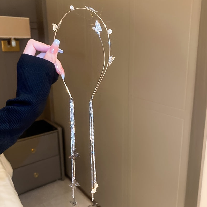 Faux Pearl Butterfly Headband with Tassel for Women