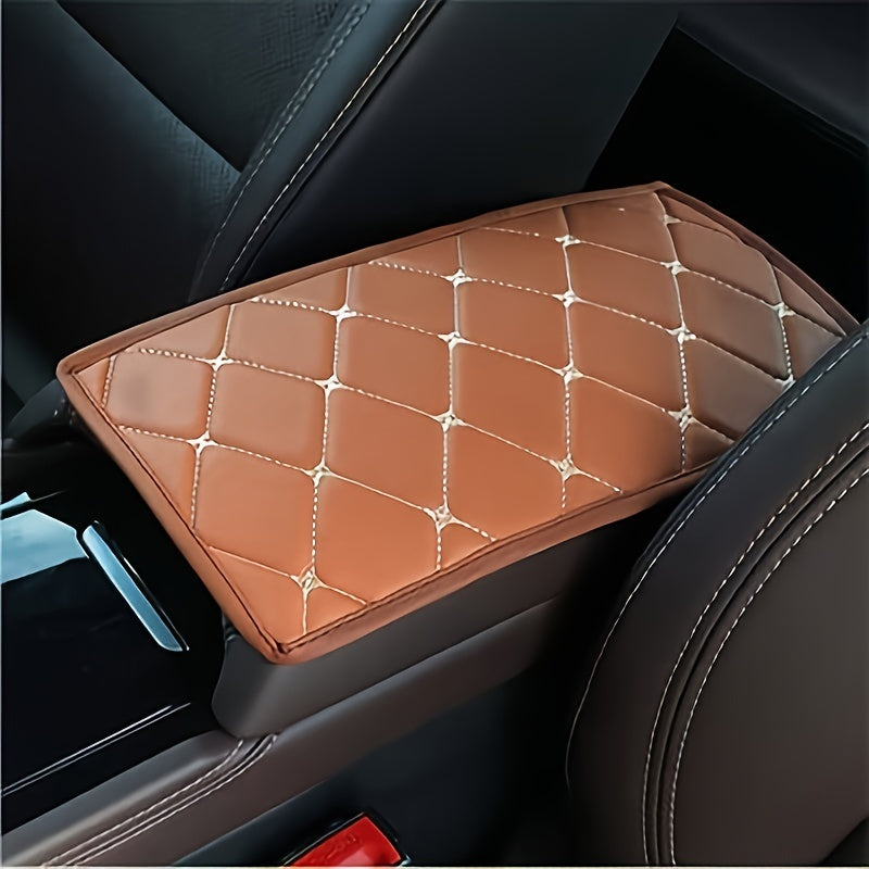 Car Armrest Cushion Leather Diamond Stitching Brown Center Console Cover Protector