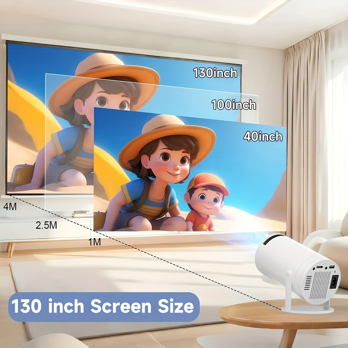 Proyector mini portátil 1080P soporte 180° rotatorio corrección trapezoidal automática blanco