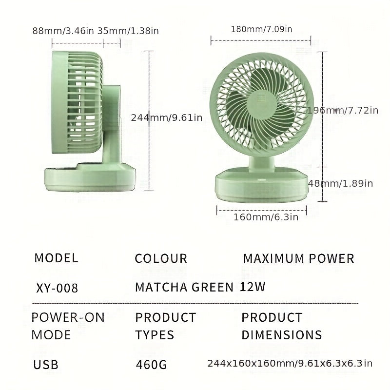 Light Green USB Desk Fan with 3-Speed, Low Noise, Strong Winds for Home Office