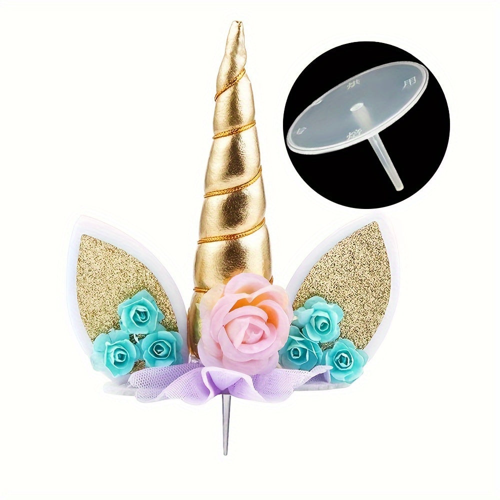 Unicorn Cake Topper Set with Gold Horn and Eyelashes for Birthday Cakes
