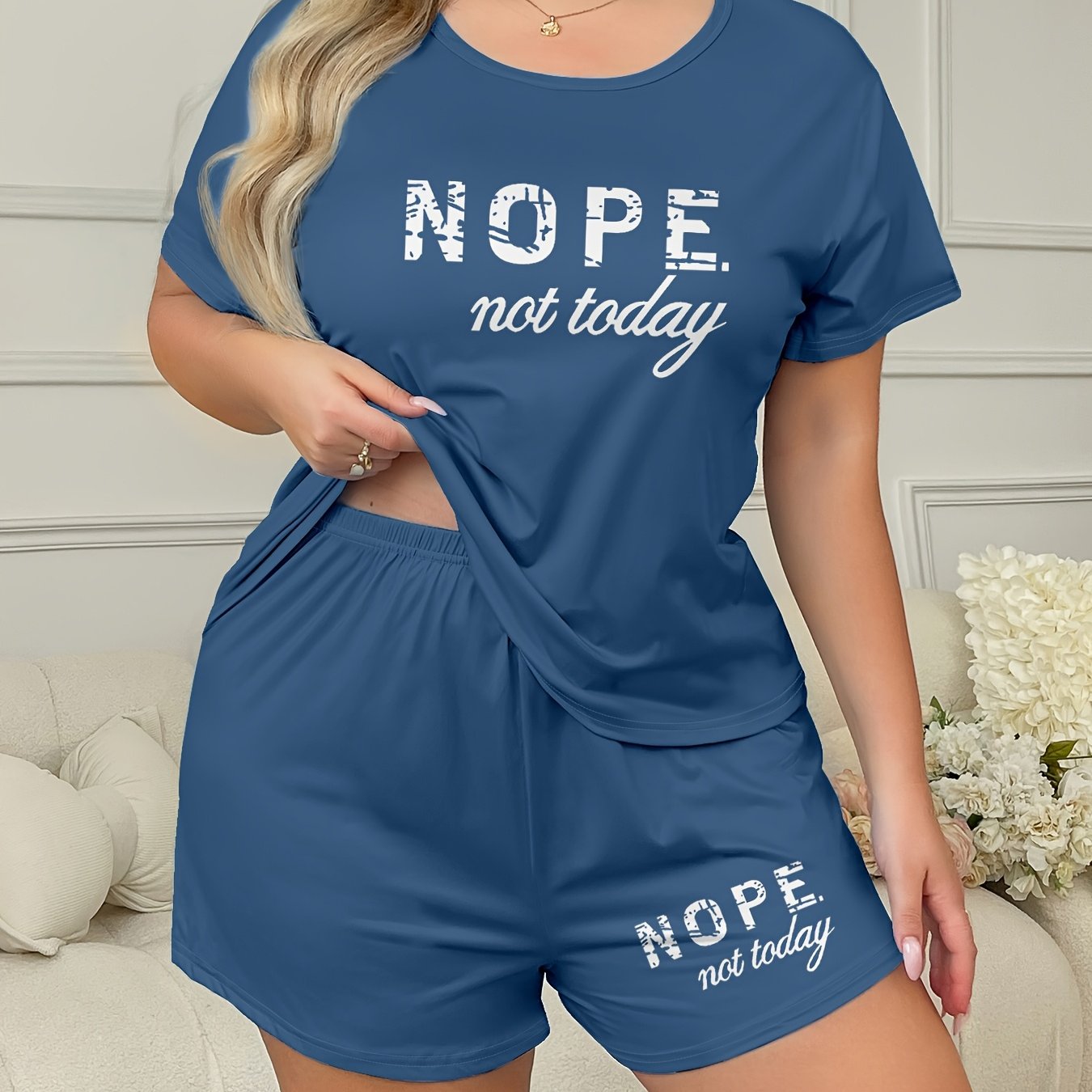 Plus Size Women's Loungewear Set Casual Slogan Print Short Sleeve Top and Elastic Shorts