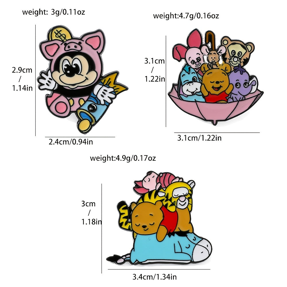 Set of 3 Cartoon Animal Enamel Brooch Pins Alloy Metal Irregular Shape for Clothing and Backpacks