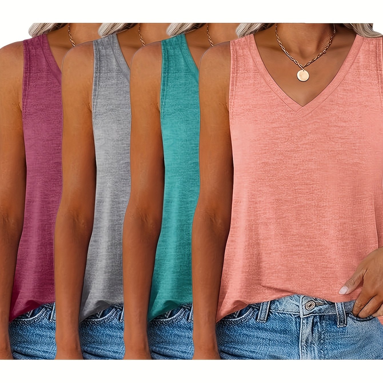 Plus Size Sleeveless V-Neck Tank Top Soft Stretch All-Season Casual Apparel