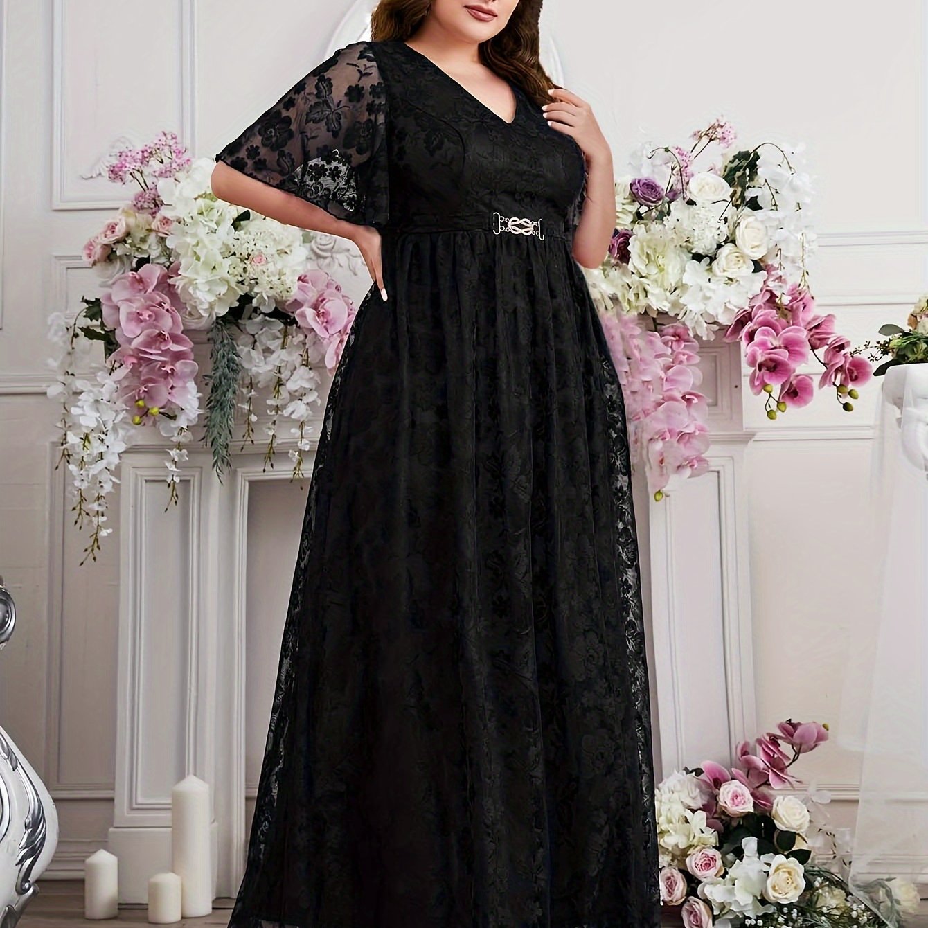 Women's Plus Size Floral Lace Swing Maxi Dress V Neck Flutter Sleeve Party Wear