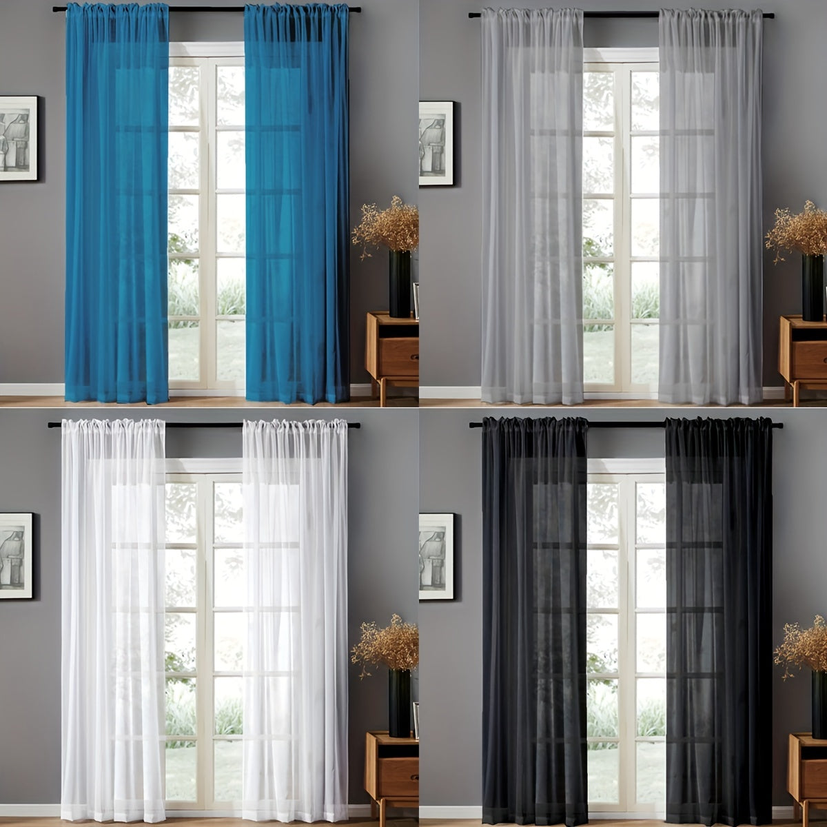 Pair of Sheer Voile Curtains with Rod Pocket for Kitchen Bedroom Living Room