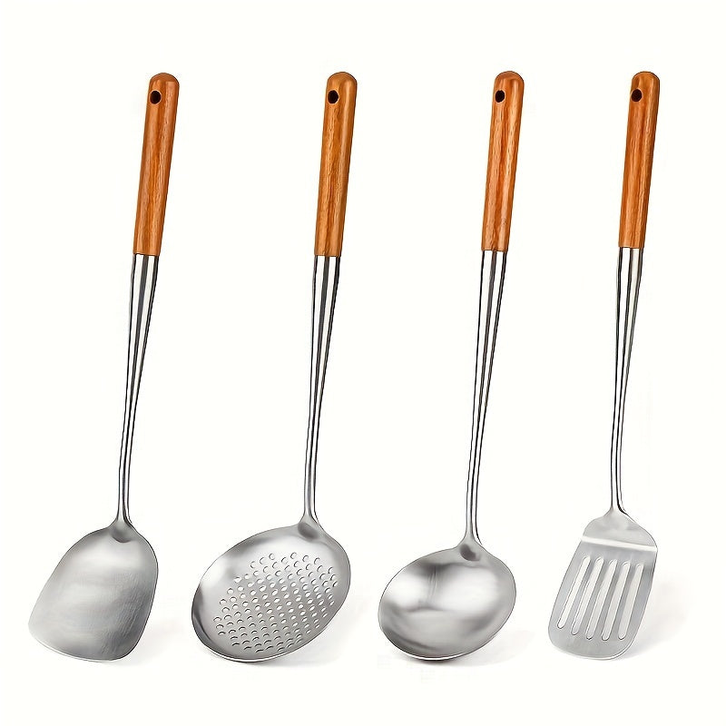 Set of 4 Stainless Steel Wok Utensils with Wooden Handles, 43cm Long, Heat-Resistant
