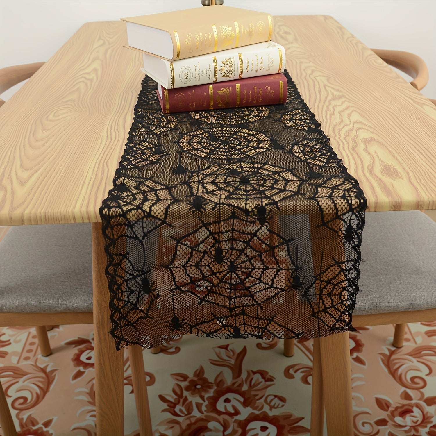 Camino de mesa de Halloween negro con tema de fantasmas y encaje para decoración de fiestas