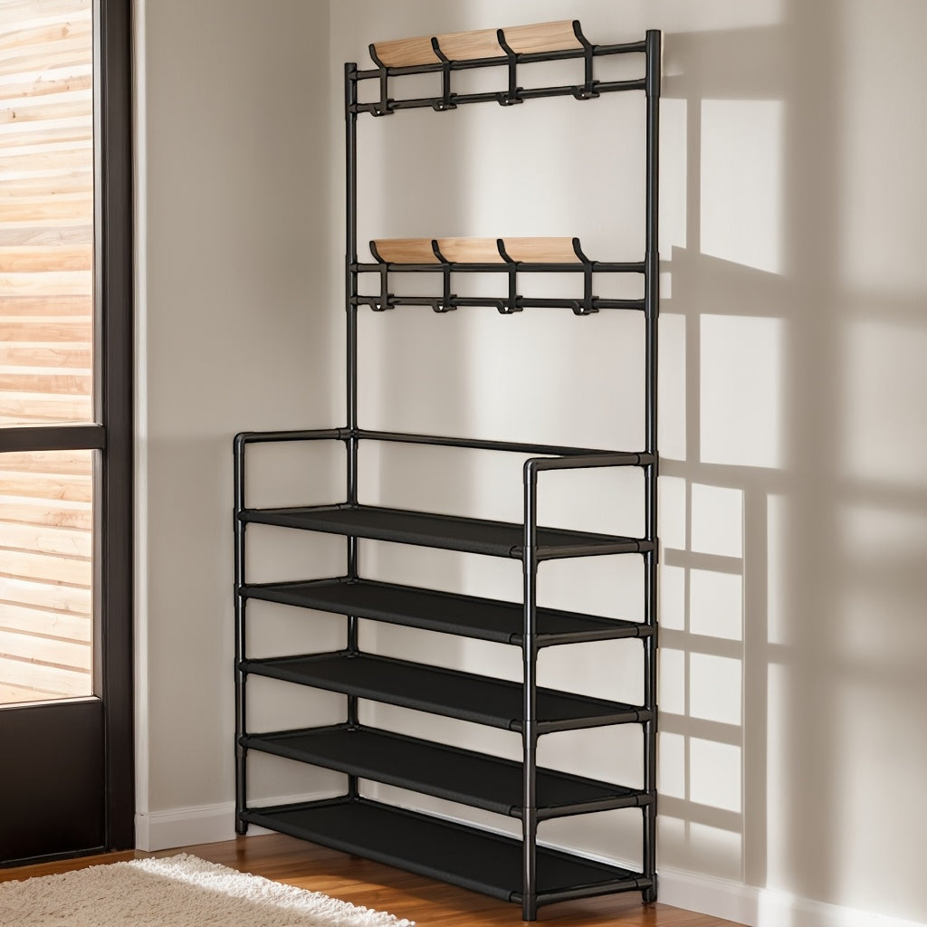 Contemporary Metal Shoe Rack with Hooks, Black or White, Easy Assembly