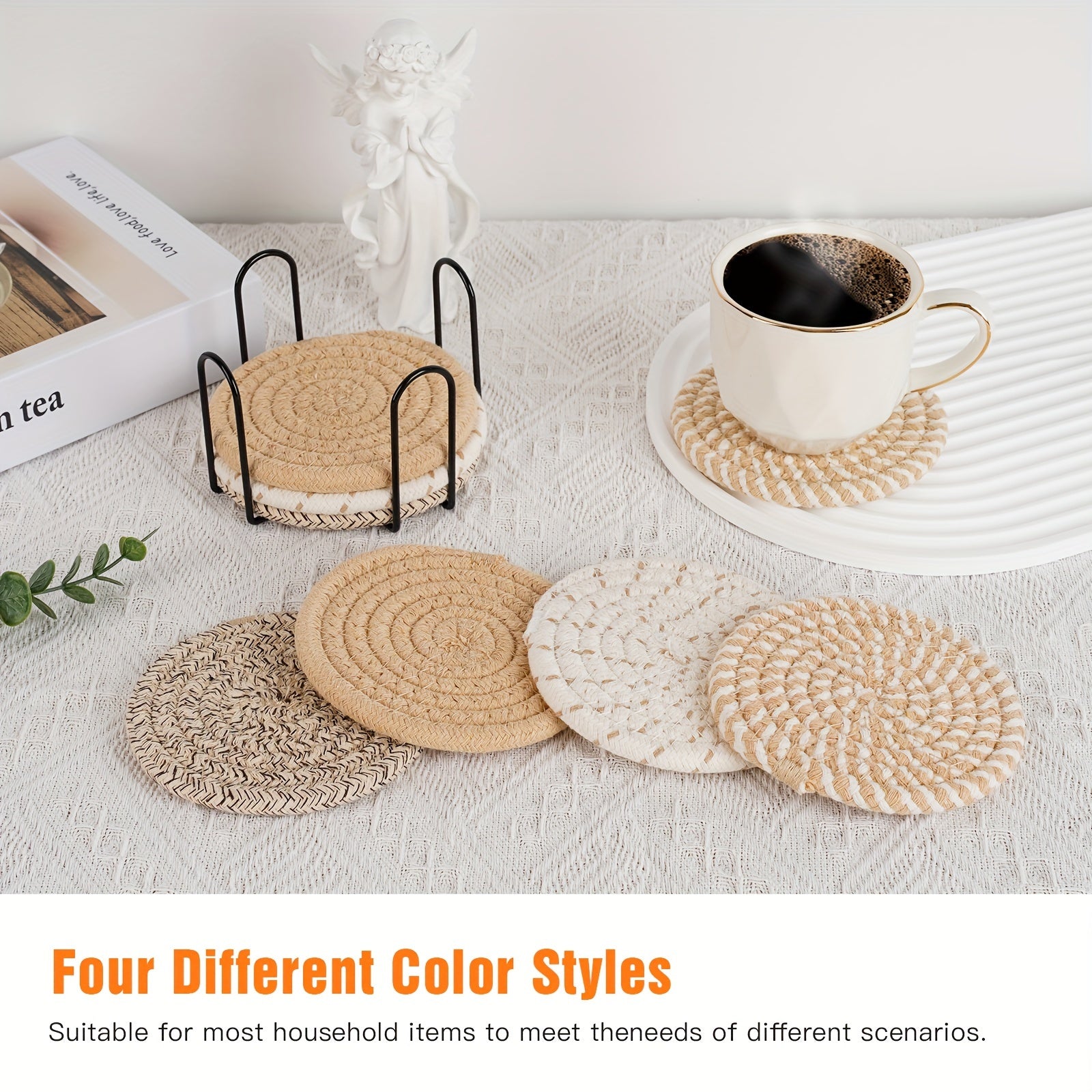 Juego de posavasos de tela con soporte en 4 colores para protección de mesa y decoración del hogar