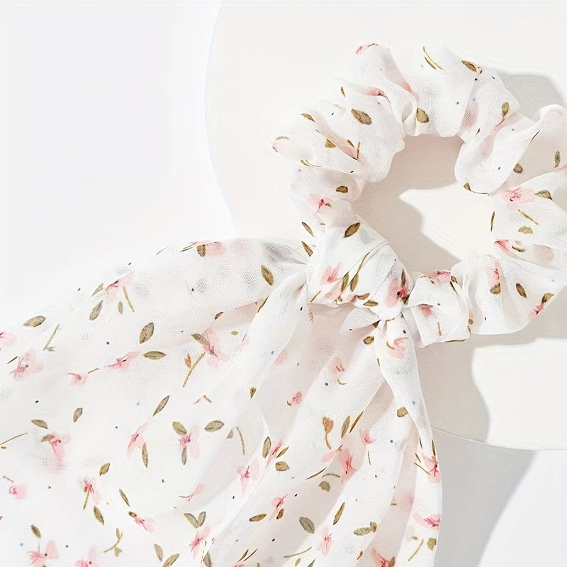 Set of 4 Floral Ribbon Hair Ties, Scrunchies, Chiffon Ponytail Holders for Women