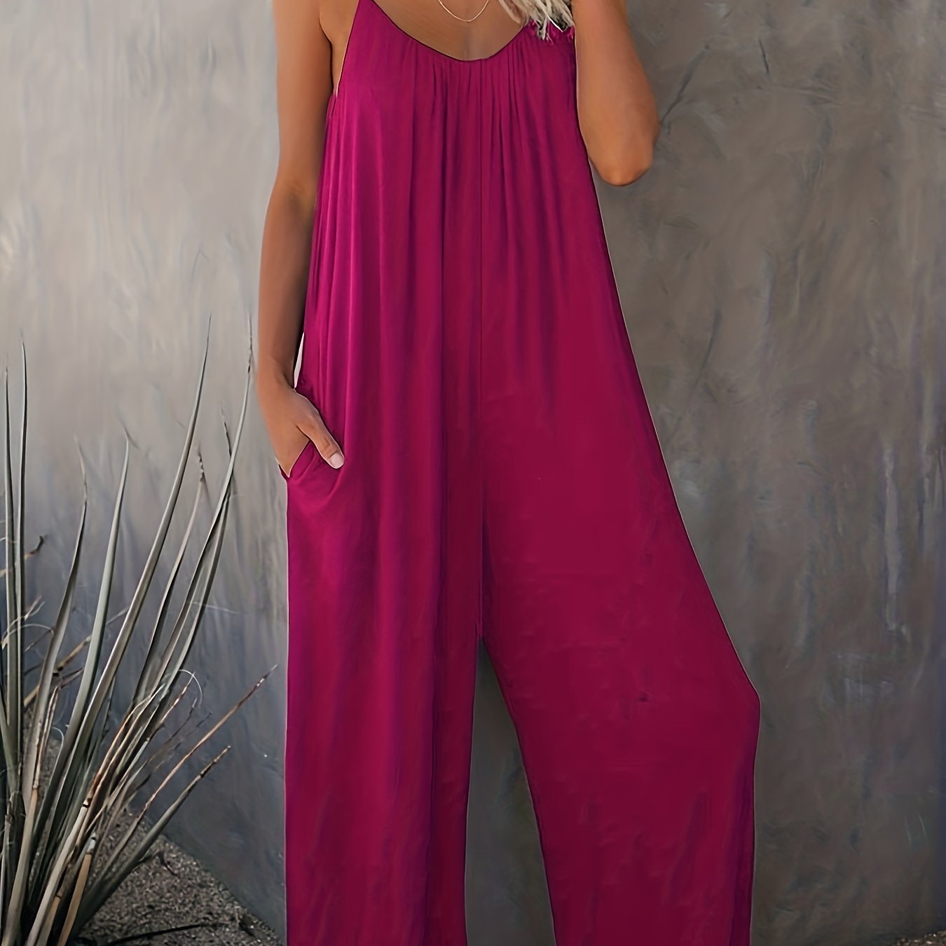 Women's Summer Maroon Cami Jumpsuit with Pockets Solid Color Stretchy Polyester Spandex