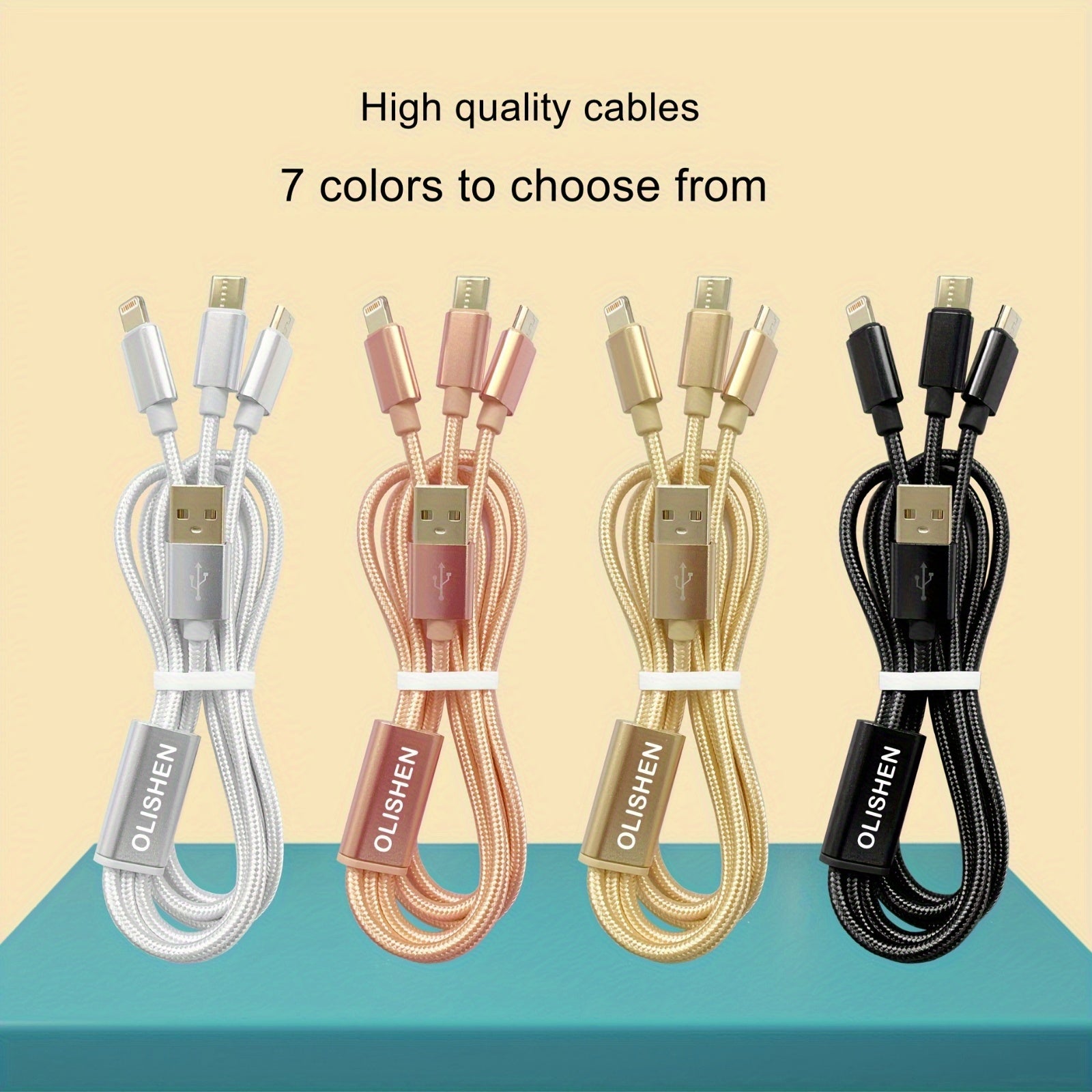 3-in-1 Nylon Braided USB Charging Cable with Fast Charging for iPhone, Samsung, Xiaomi