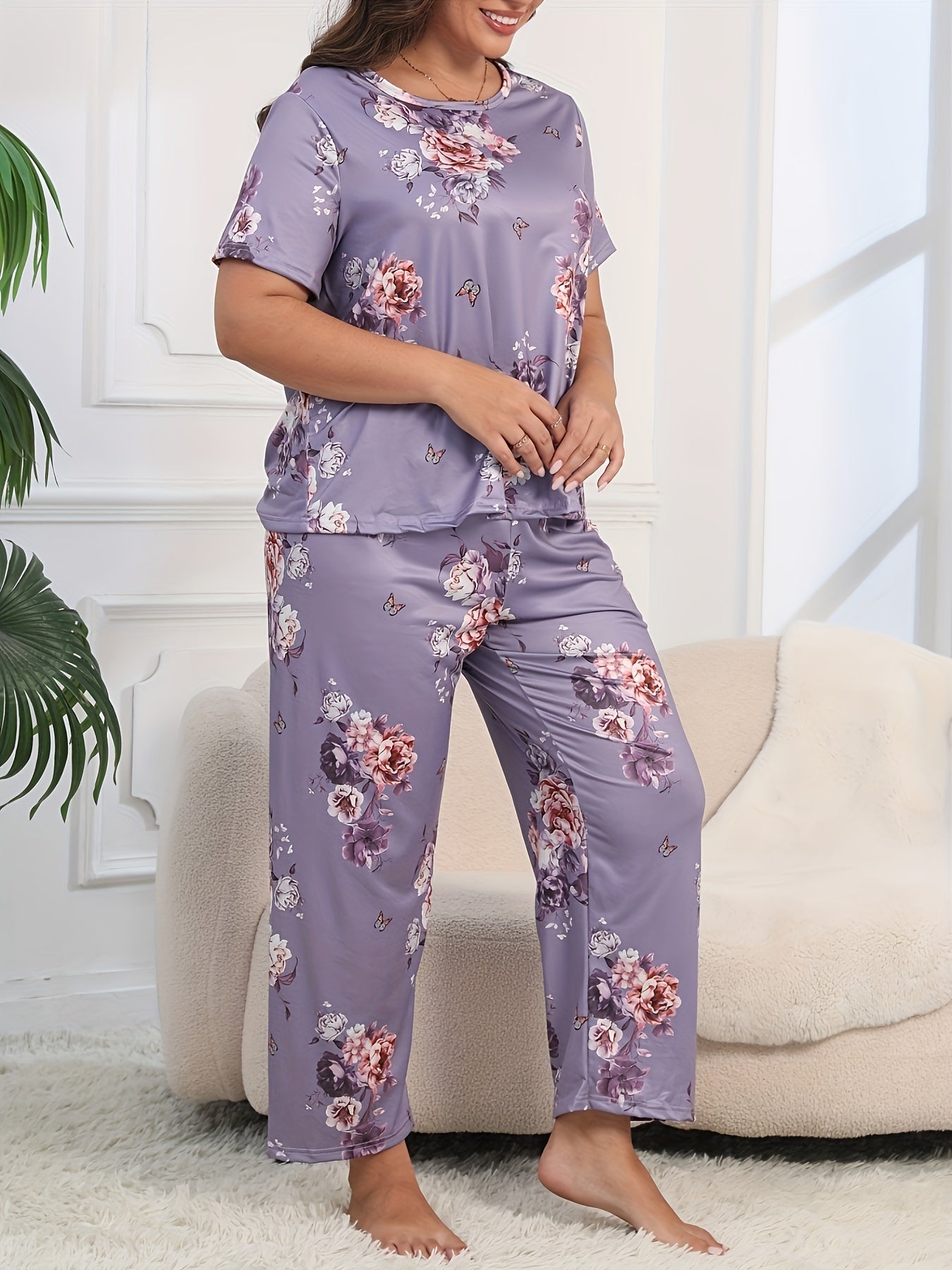Plus Size Floral Knit Pajama Set with Short and Long Sleeves in Purple