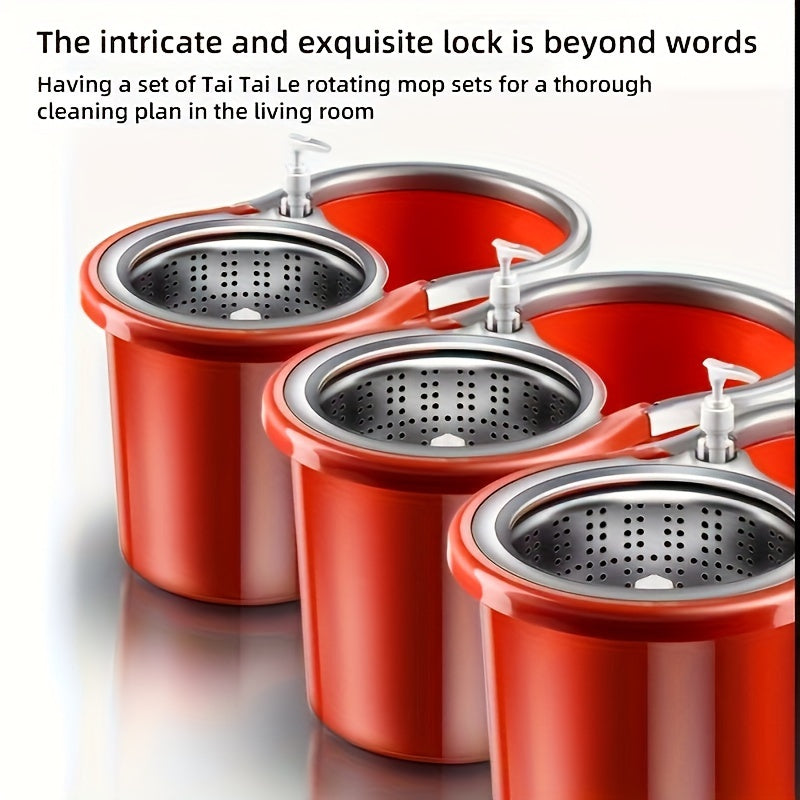 Juego de cubo y mopa giratoria roja con 3 paños de mopa para suelos de madera y limpieza en húmedo