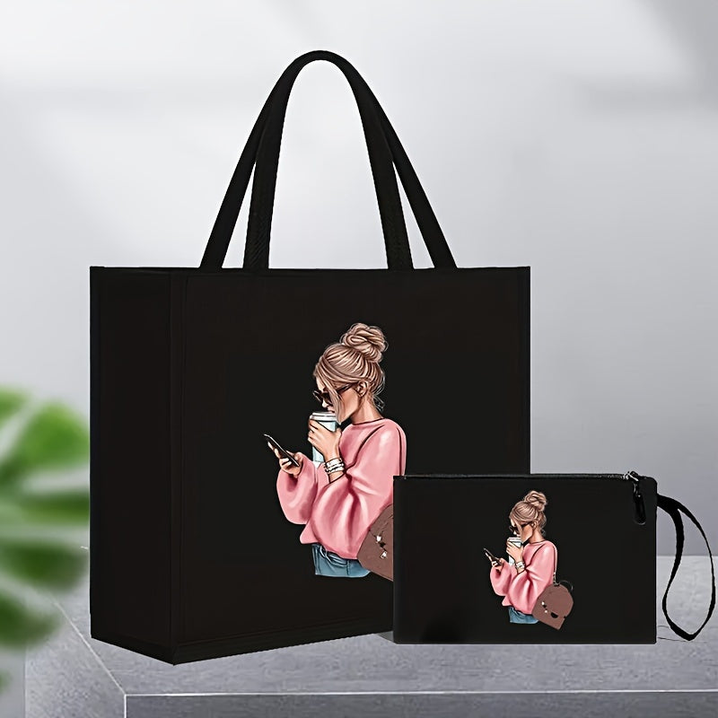 Women's Black Faux Leather Tote Bag Set with Coin Purse and Girl Print