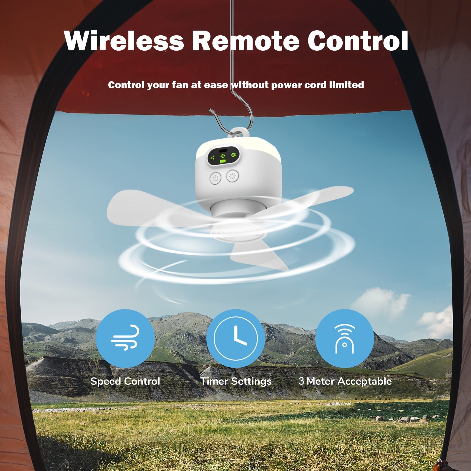 Portable Camping Fan with LED Light and Remote Control, Rechargeable 8000mAh Battery, Detachable Blades, Timer, 3 Speeds