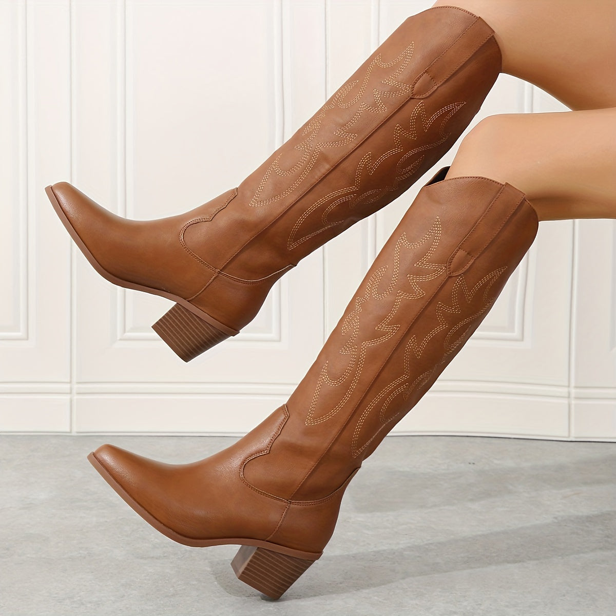 Women's White Embroidered Knee-High Western Boots Slip-On Pointed Toe