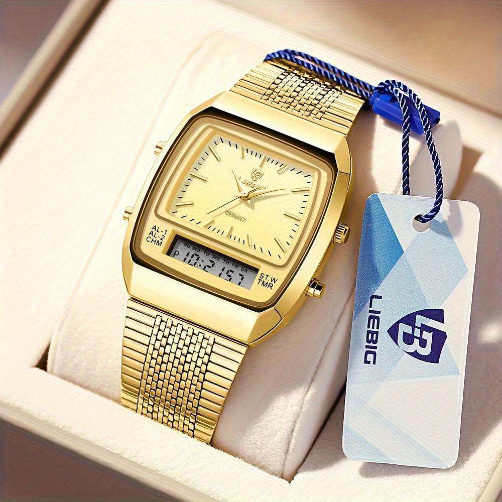 Reloj digital de doble pantalla con correa de acero impermeable para hombre y múltiples funciones